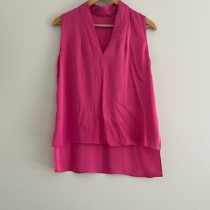 Tahari 93% Silk Pink Sleeveless Top Small Tank Blouse Hi Low V Neck Fuchsia